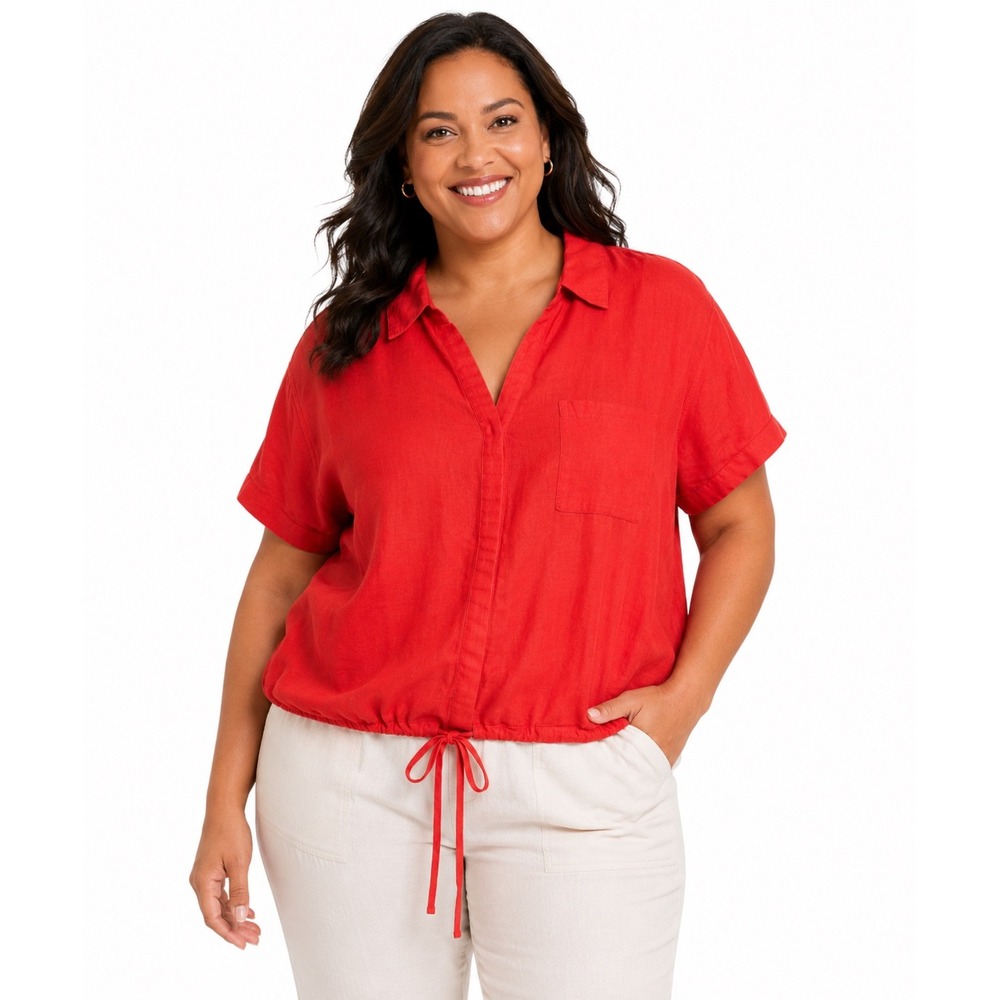 Athleta Womens‎ 2X Red Linen Cropped Drawstring Collared Shirt Top NWT